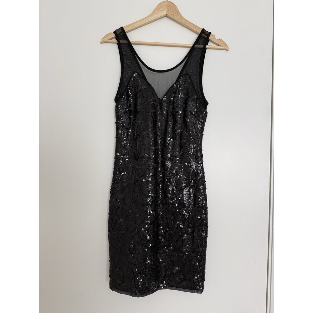 ASTR Black Sequin Sleeveless Cocktail Dress – Mesh Detail – Size S
